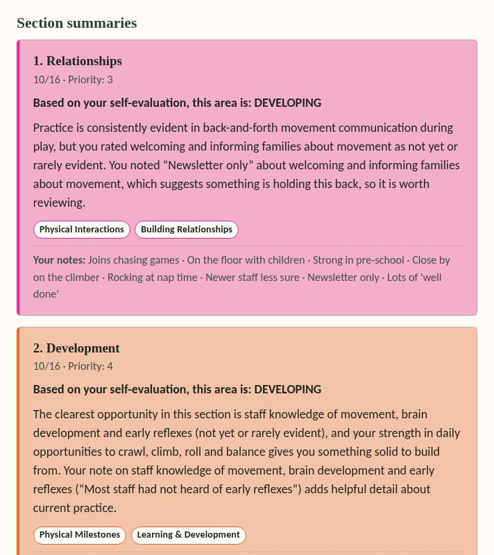 PDAT section summary showing a colour-coded result band and a written summary for a made-up nursery