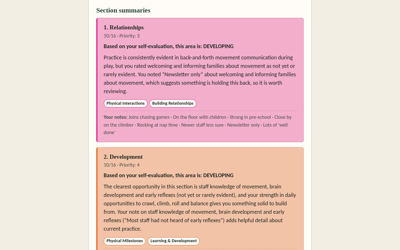 PDAT section summary showing a colour-coded result band and a written summary for a made-up nursery