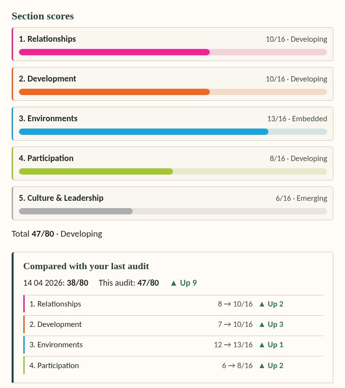 PDAT results dashboard showing scores and bands for all five sections, and changes since the last audit