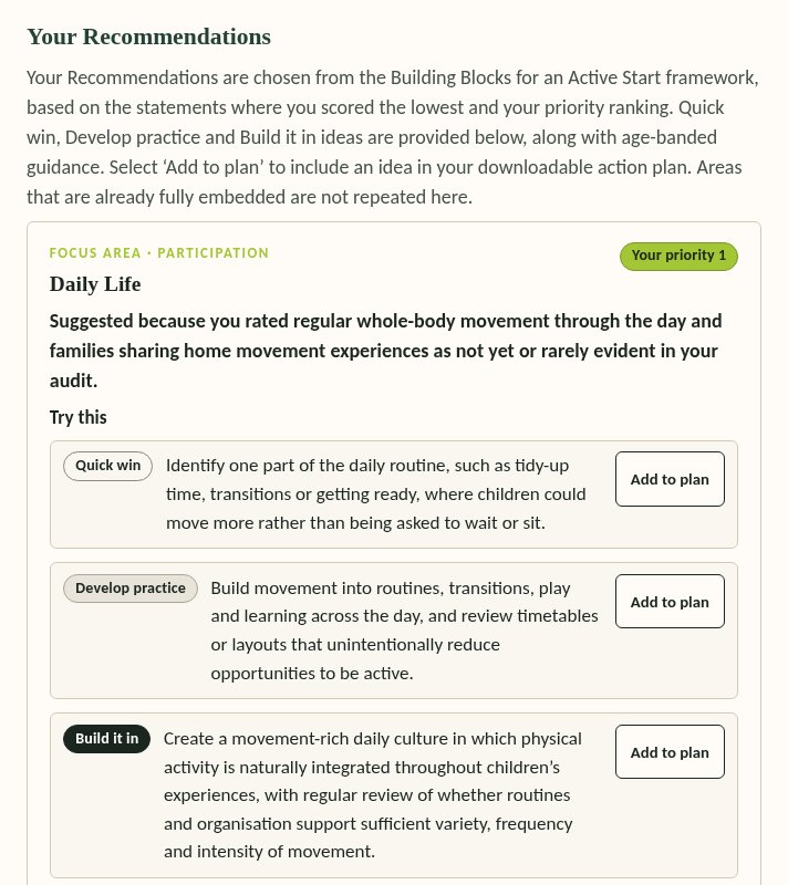PDAT recommendations screen showing ideas from the Building Blocks framework for a priority section