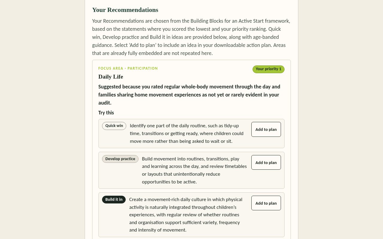 PDAT recommendations screen showing ideas from the Building Blocks framework for a priority section