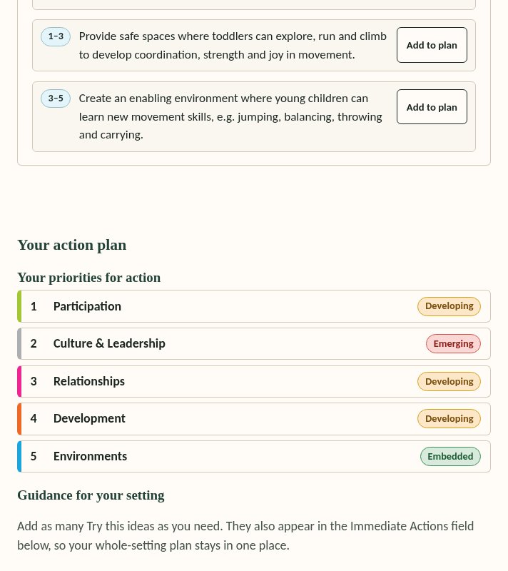 PDAT action plan screen showing recommendation cards with Add to plan buttons