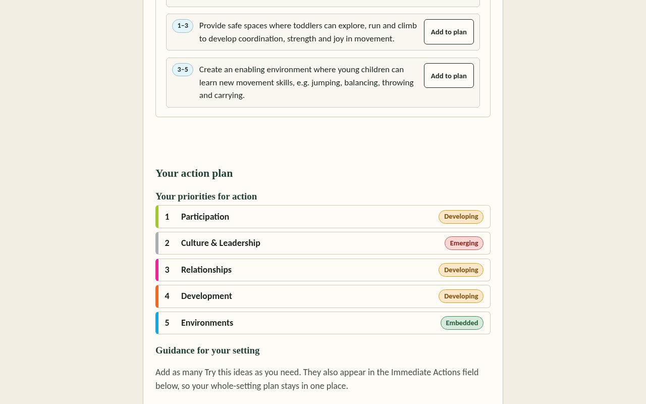 PDAT action plan screen showing recommendation cards with Add to plan buttons